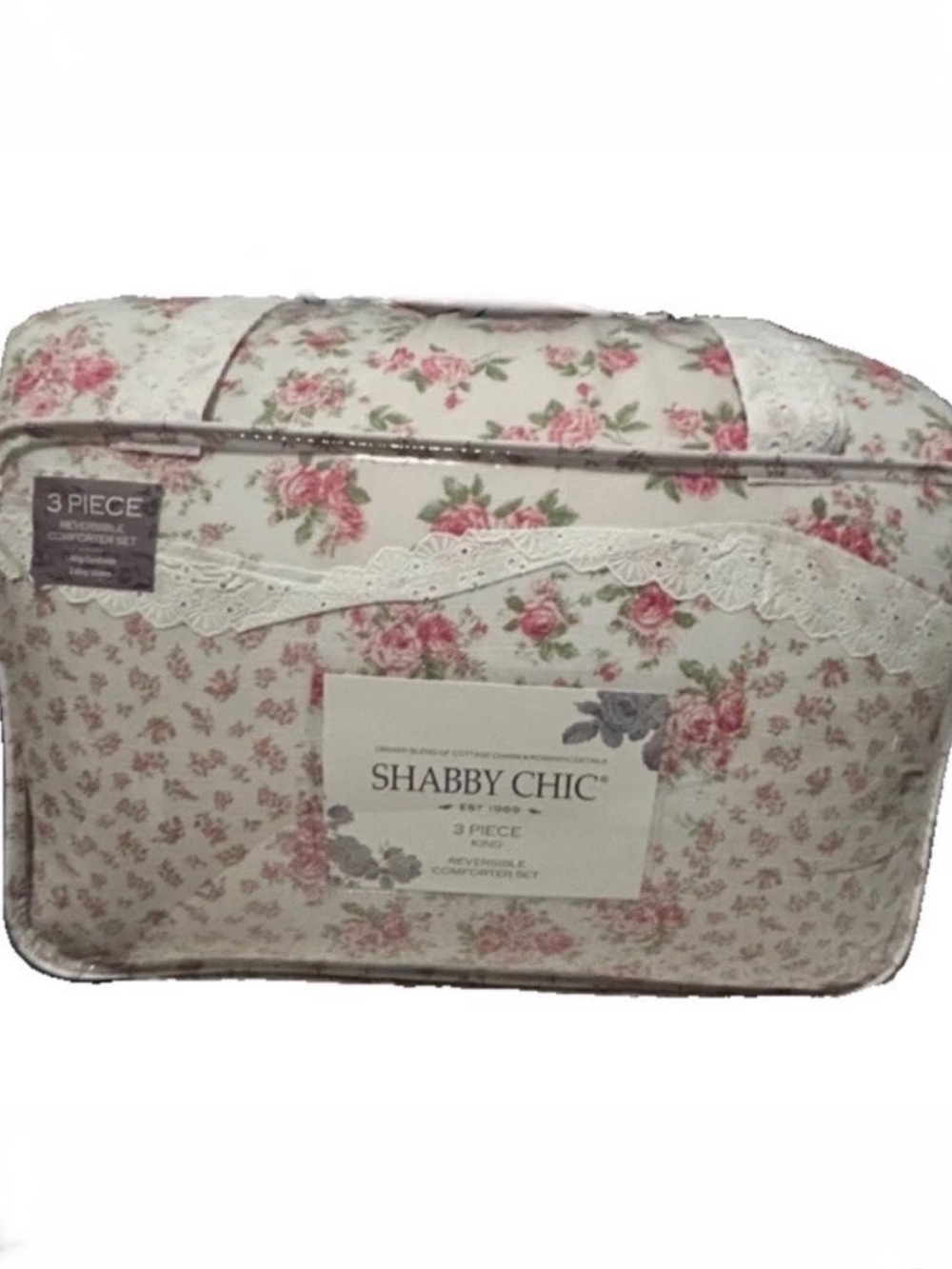 Shabby Chic Floral Pink & White Cotton Gauze King Comforter Set with Lace Trim
